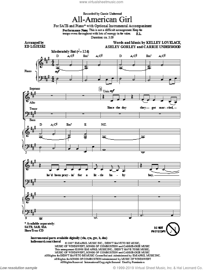 All-American Girl sheet music for choir (SATB: soprano, alto, tenor, bass) by Carrie Underwood, Ashley Gorley, Kelley Lovelace and Ed Lojeski, intermediate skill level