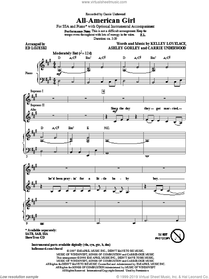 All-American Girl sheet music for choir (SSA: soprano, alto) by Carrie Underwood, Ashley Gorley, Kelley Lovelace and Ed Lojeski, intermediate skill level