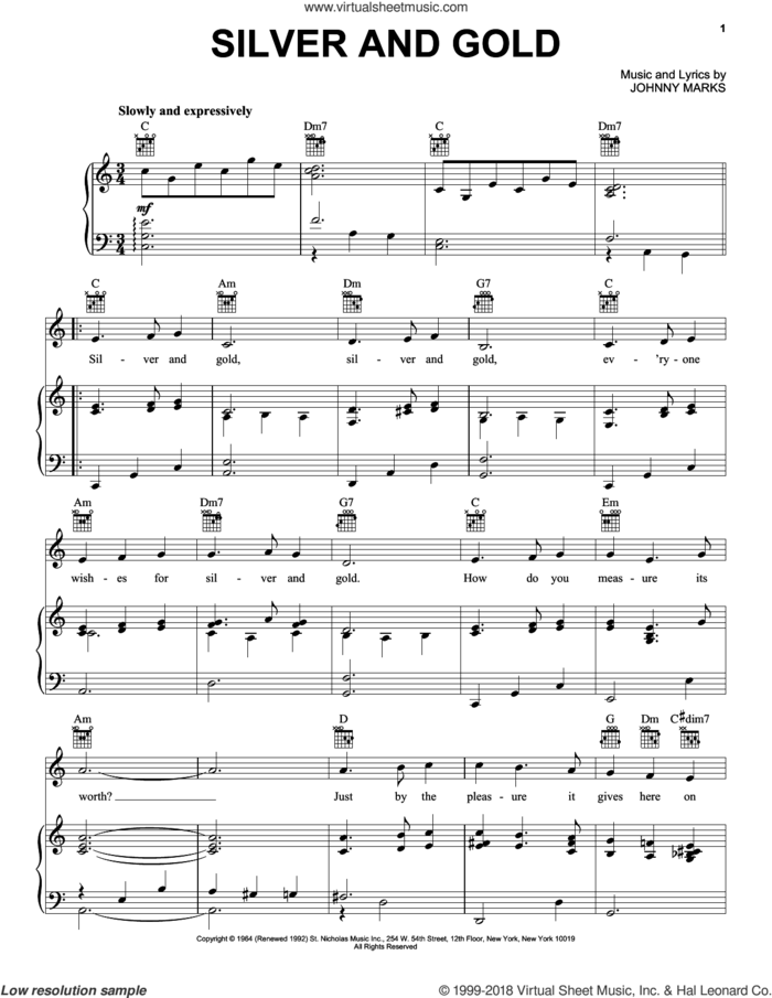 Silver And Gold sheet music for voice, piano or guitar by Johnny Marks, intermediate skill level