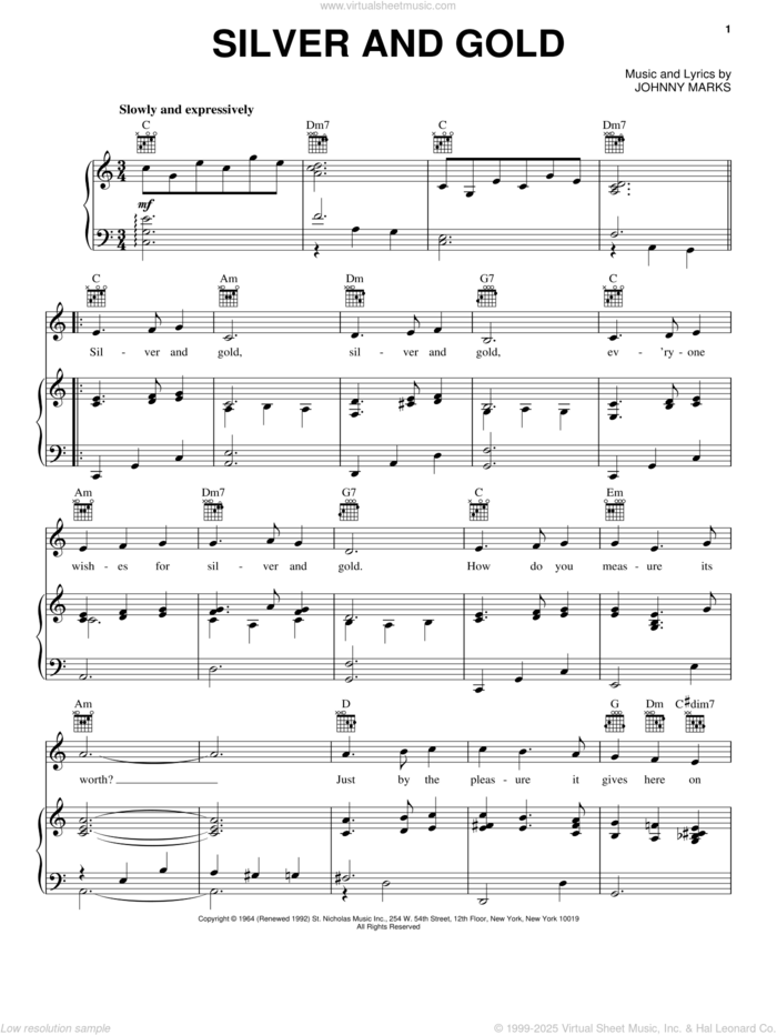 Silver And Gold sheet music for voice, piano or guitar by Johnny Marks, intermediate skill level