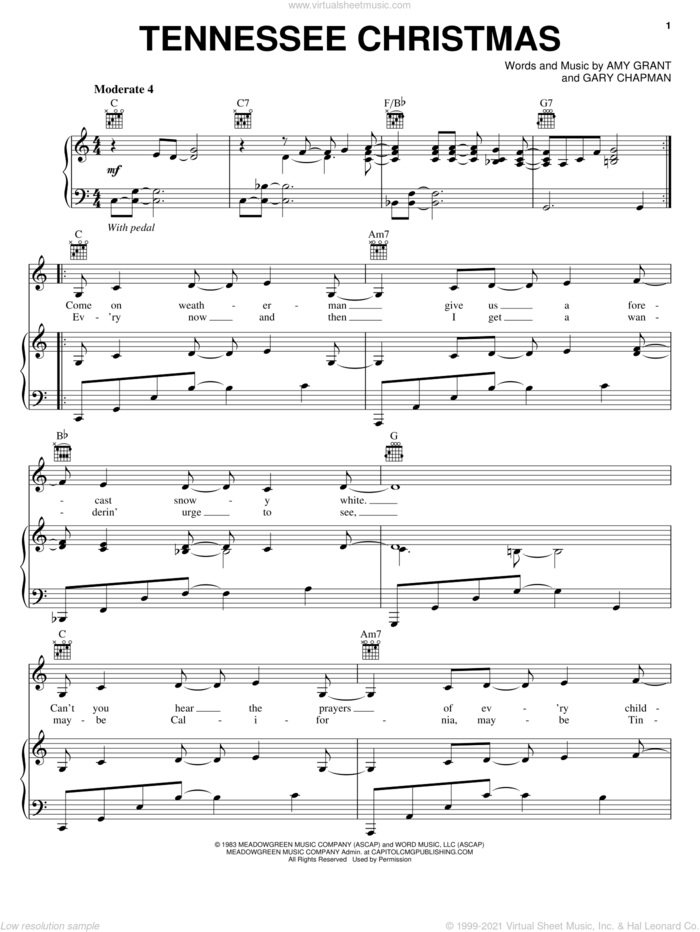 Tennessee Christmas sheet music for voice, piano or guitar by Amy Grant and Gary Chapman, intermediate skill level