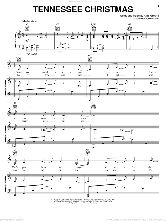 Tennessee Christmas sheet music for voice, piano or guitar by Amy Grant and Gary Chapman, intermediate skill level