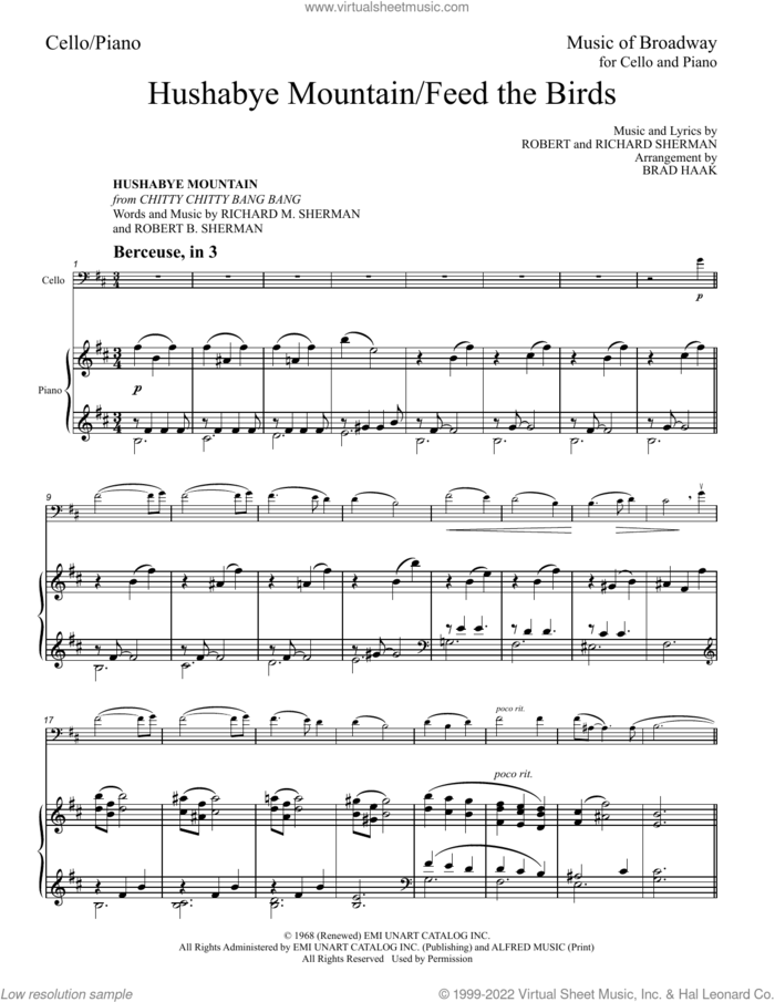 Hushabye Mountain / Feed The Birds (Medley) (arr. Brad Haak) sheet music for cello and piano by Richard M. Sherman, Brad Haak, Robert B. Sherman and Sherman Brothers, intermediate skill level