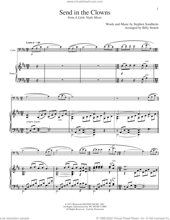 Send In The Clowns (from A Little Night Music) (arr. Billy Stritch) sheet music for cello and piano by Stephen Sondheim and Billy Stritch, intermediate skill level