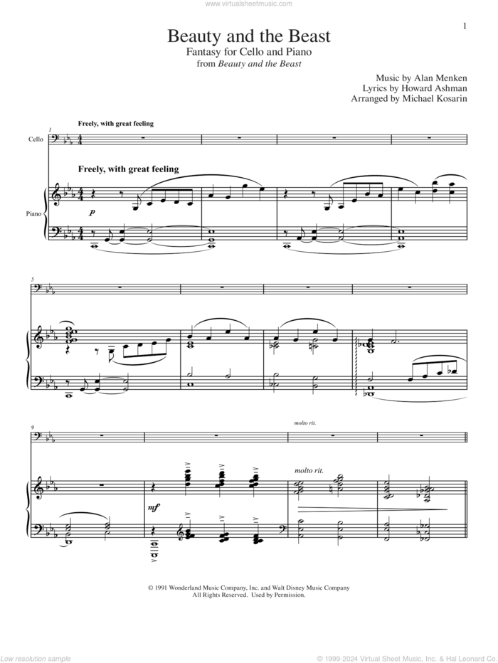 Beauty And The Beast (arr. Michael Kosarin) sheet music for cello and piano by Alan Menken & Howard Ashman, Michael Kosarin, Alan Menken and Howard Ashman, wedding score, intermediate skill level