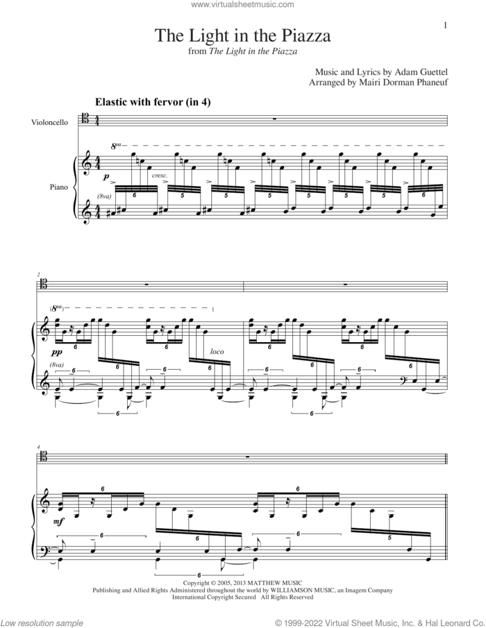 The Light In The Piazza (arr. Mairi Dorman-Phaneuf) sheet music for cello and piano by Adam Guettel and Mairi Dorman-Phaneuf, intermediate skill level