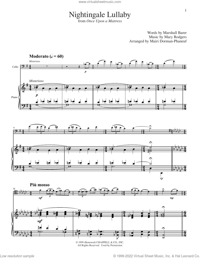 Nightingale Lullaby (from Once Upon A Mattress) (arr. Mairi Dorman-Phaneuf) sheet music for cello and piano by Mary Rodgers and Mairi Dorman-Phaneuf, intermediate skill level