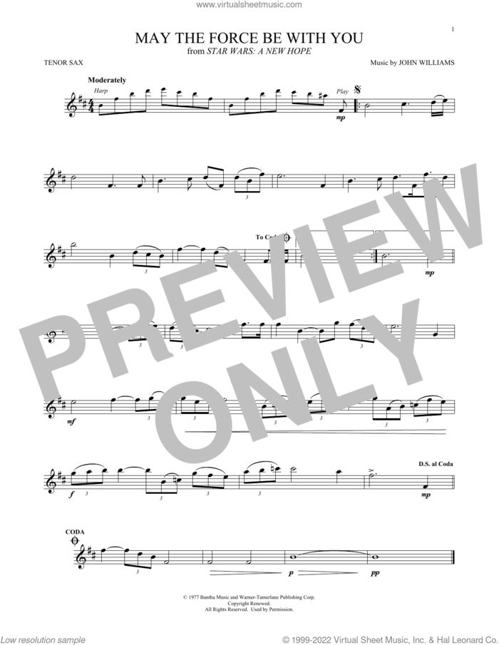 May The Force Be With You (from Star Wars: A New Hope) sheet music for tenor saxophone solo by John Williams, intermediate skill level