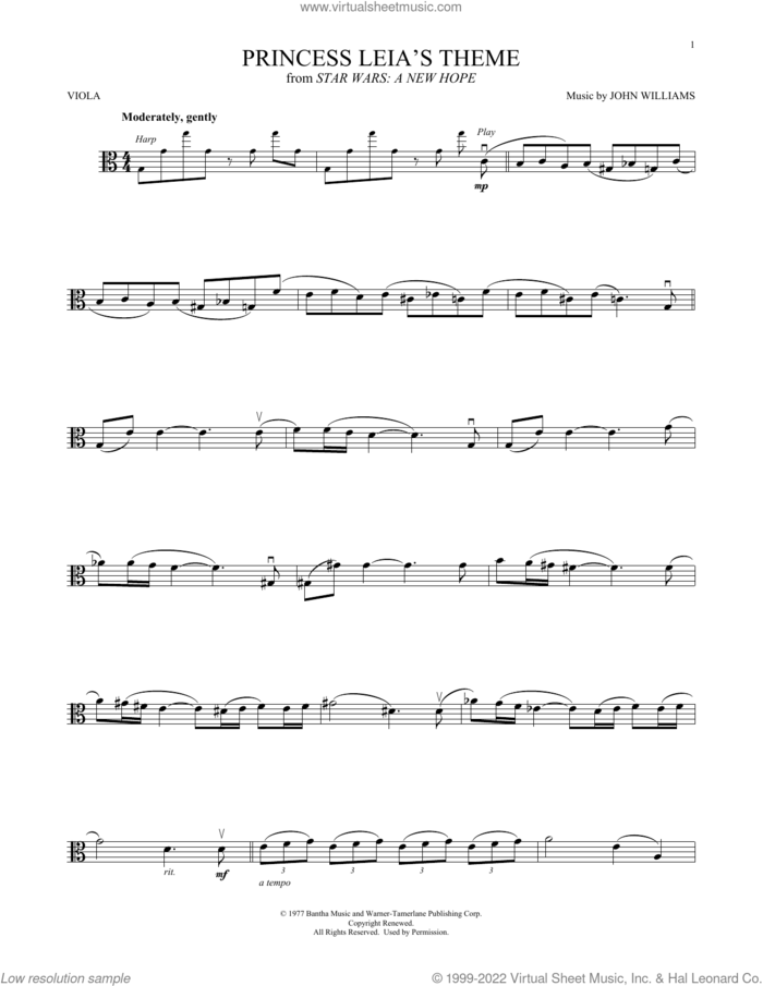 Princess Leia's Theme (from Star Wars: A New Hope) sheet music for viola solo by John Williams, intermediate skill level