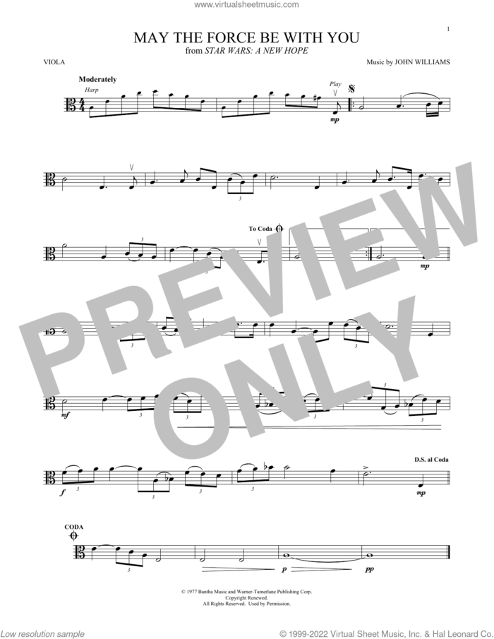 May The Force Be With You (from Star Wars: A New Hope) sheet music for viola solo by John Williams, intermediate skill level