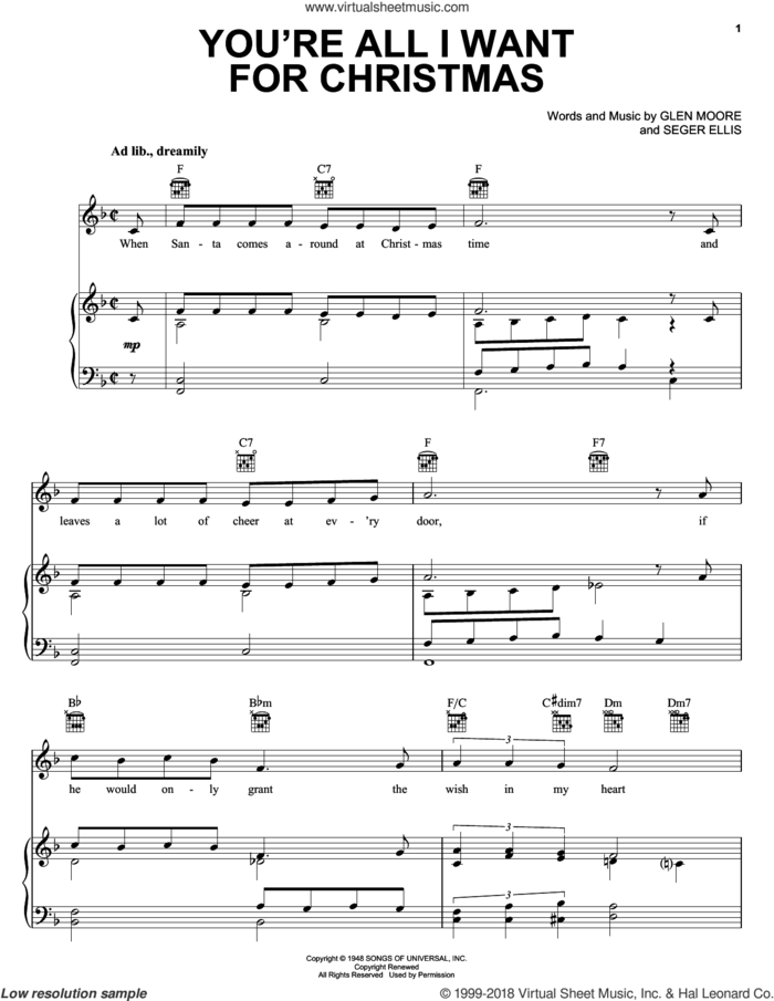 You're All I Want For Christmas sheet music for voice, piano or guitar by Brook Benton, Glen Moore and Seger Ellis, intermediate skill level