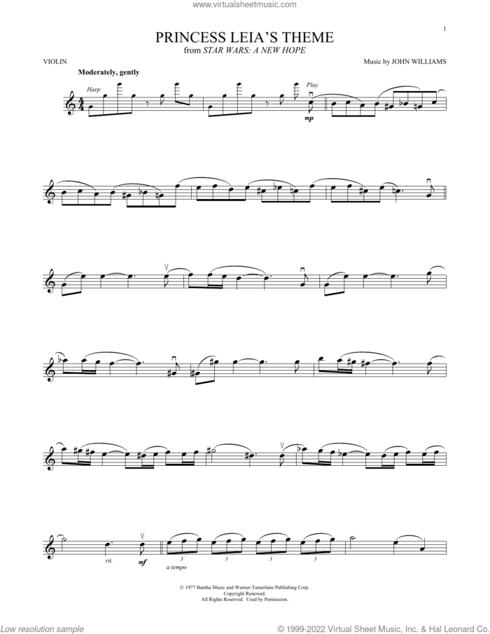 Princess Leia's Theme (from Star Wars: A New Hope) sheet music for violin solo by John Williams, intermediate skill level