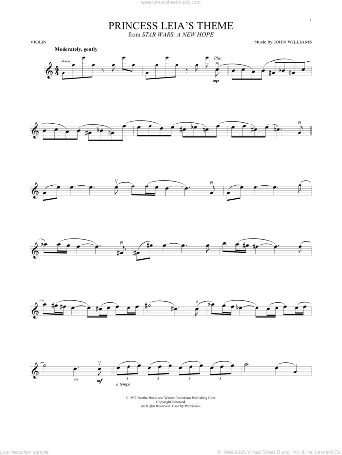 Princess Leia's Theme (from Star Wars: A New Hope) sheet music for violin solo by John Williams, intermediate skill level