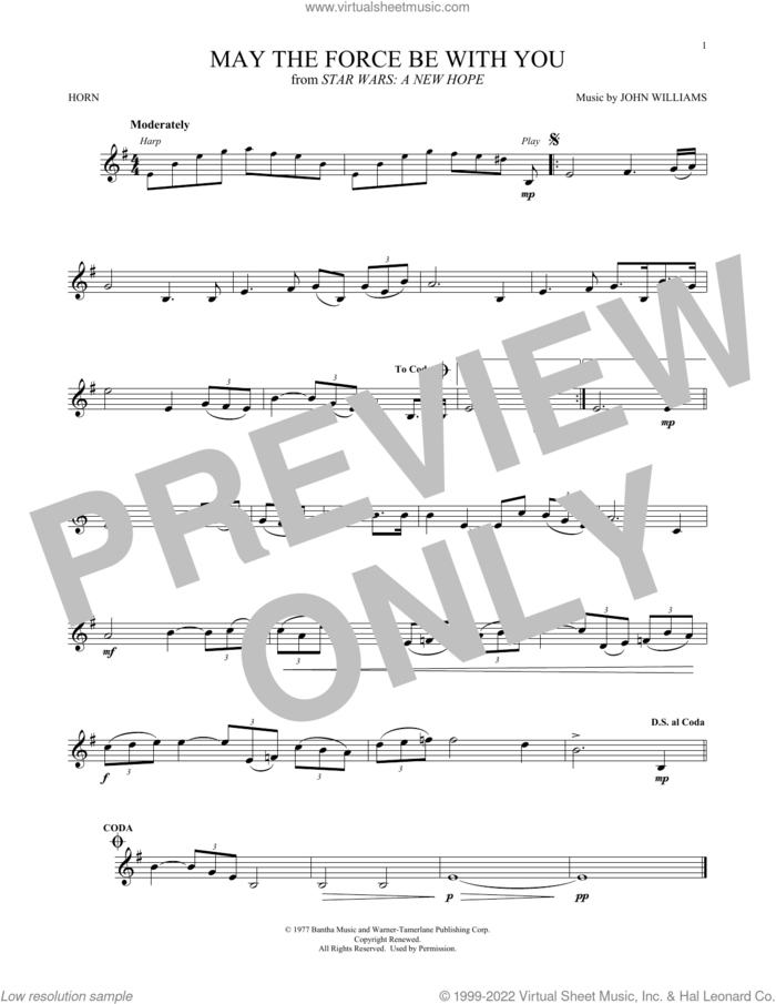 May The Force Be With You (from Star Wars: A New Hope) sheet music for horn solo by John Williams, intermediate skill level