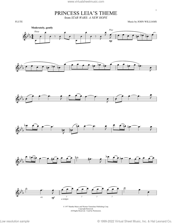 Princess Leia's Theme (from Star Wars: A New Hope) sheet music for flute solo by John Williams, intermediate skill level