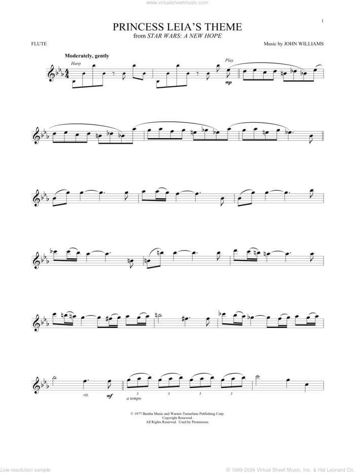 Princess Leia's Theme (from Star Wars: A New Hope) sheet music for flute solo by John Williams, intermediate skill level