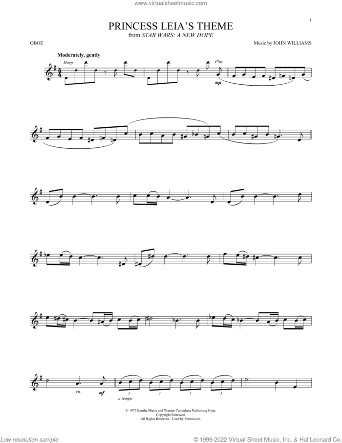 Princess Leia's Theme (from Star Wars: A New Hope) sheet music for oboe solo by John Williams, intermediate skill level