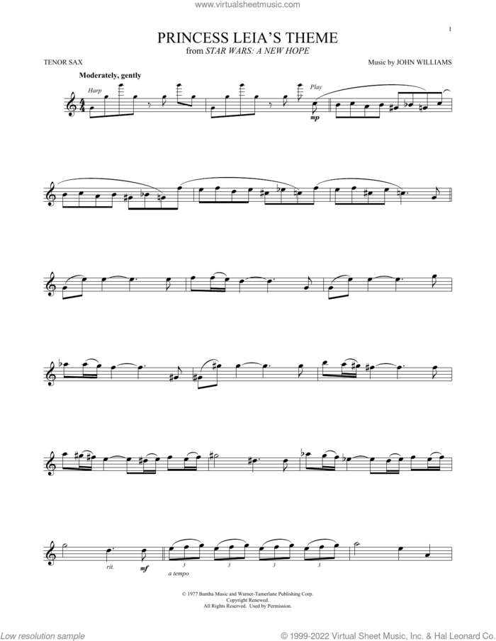 Princess Leia's Theme (from Star Wars: A New Hope) sheet music for tenor saxophone solo by John Williams, intermediate skill level