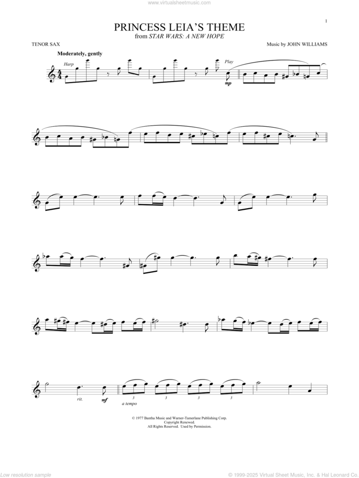 Princess Leia's Theme (from Star Wars: A New Hope) sheet music for tenor saxophone solo by John Williams, intermediate skill level