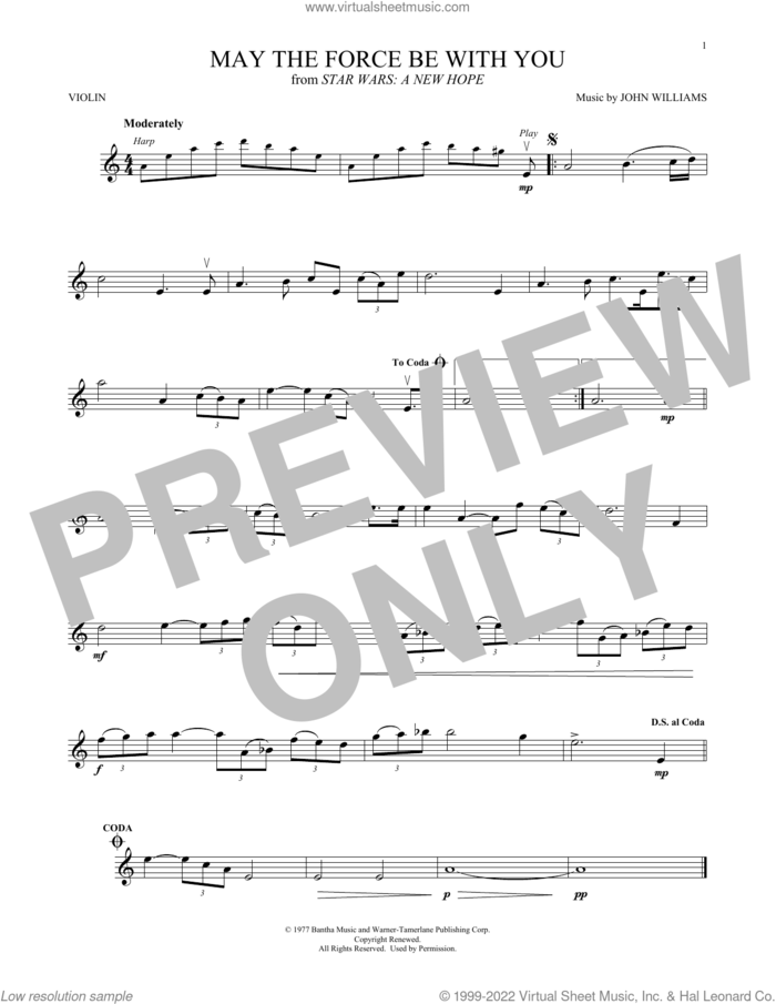 May The Force Be With You (from Star Wars: A New Hope) sheet music for violin solo by John Williams, intermediate skill level