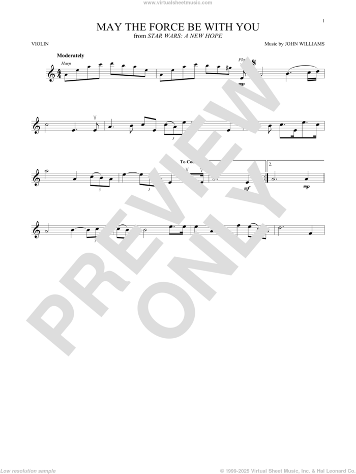 May The Force Be With You (from Star Wars: A New Hope) sheet music for violin solo by John Williams, intermediate skill level