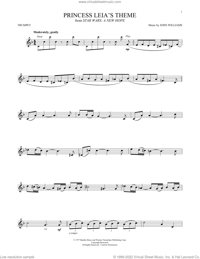 Princess Leia's Theme (from Star Wars: A New Hope) sheet music for trumpet solo by John Williams, intermediate skill level