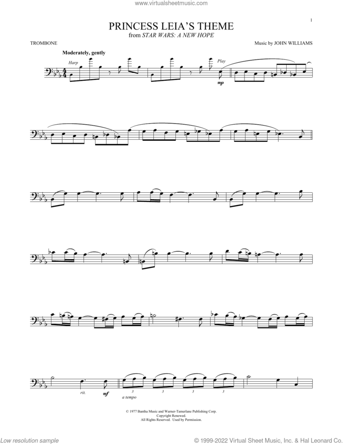 Princess Leia's Theme (from Star Wars: A New Hope) sheet music for trombone solo by John Williams, intermediate skill level