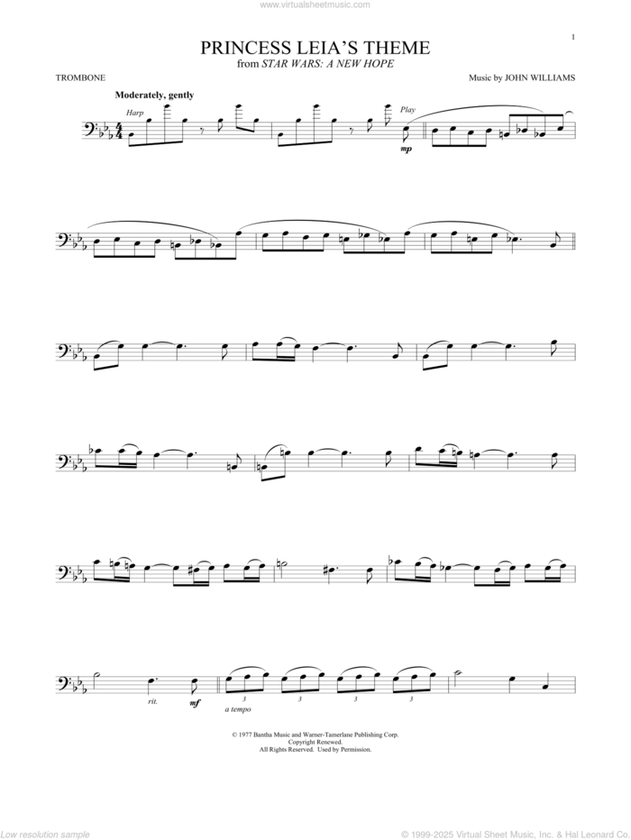 Princess Leia's Theme (from Star Wars: A New Hope) sheet music for trombone solo by John Williams, intermediate skill level