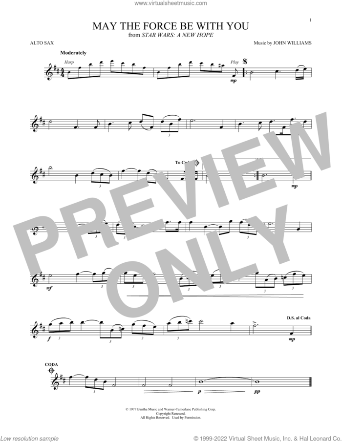 May The Force Be With You (from Star Wars: A New Hope) sheet music for alto saxophone solo by John Williams, intermediate skill level