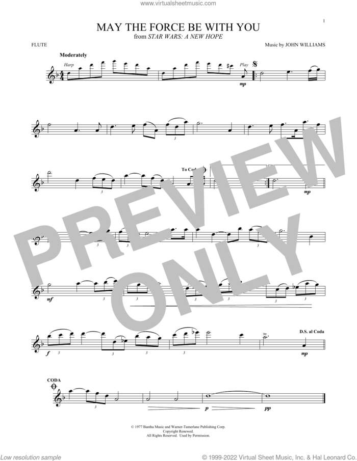 May The Force Be With You (from Star Wars: A New Hope) sheet music for flute solo by John Williams, intermediate skill level