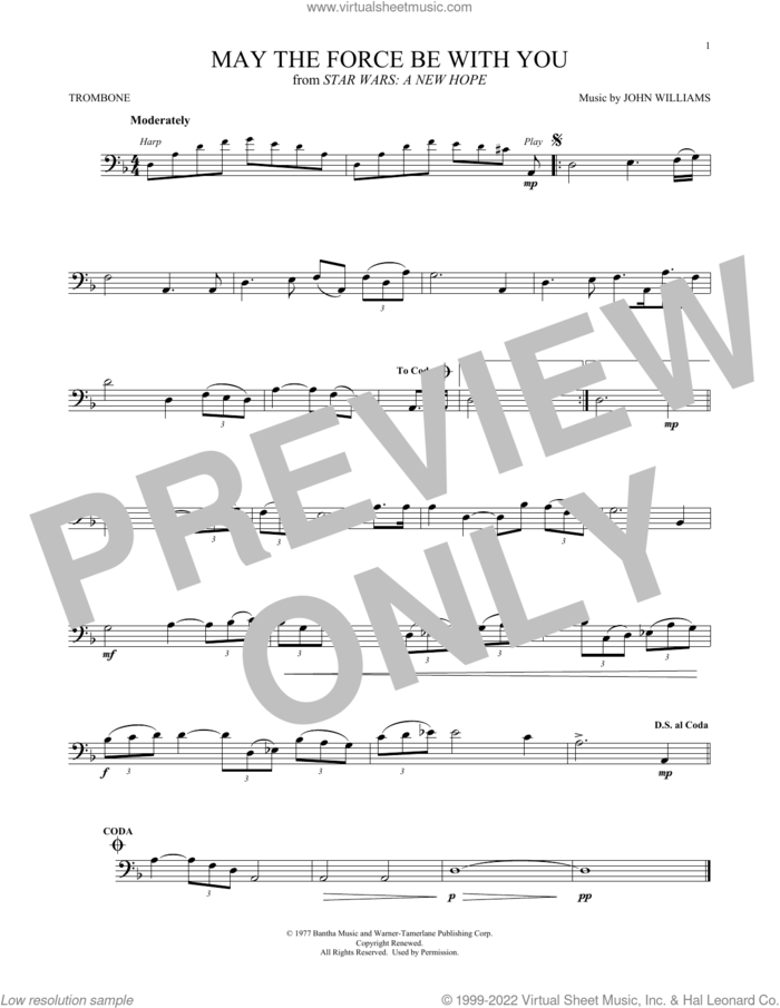 May The Force Be With You (from Star Wars: A New Hope) sheet music for trombone solo by John Williams, intermediate skill level