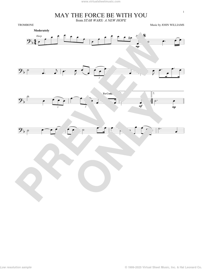 May The Force Be With You (from Star Wars: A New Hope) sheet music for trombone solo by John Williams, intermediate skill level