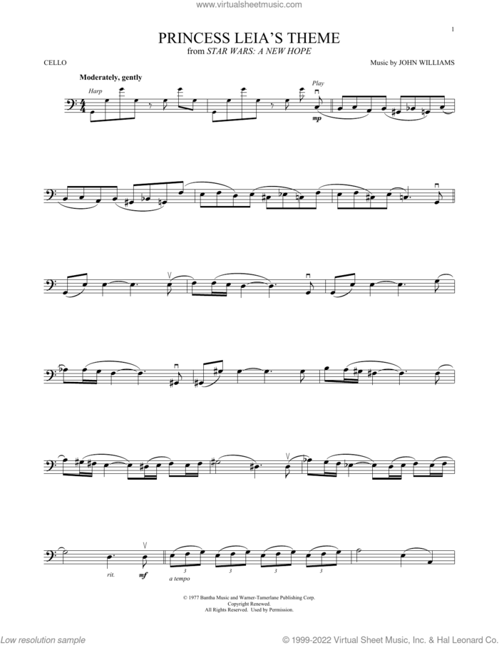 Princess Leia's Theme (from Star Wars: A New Hope) sheet music for cello solo by John Williams, intermediate skill level
