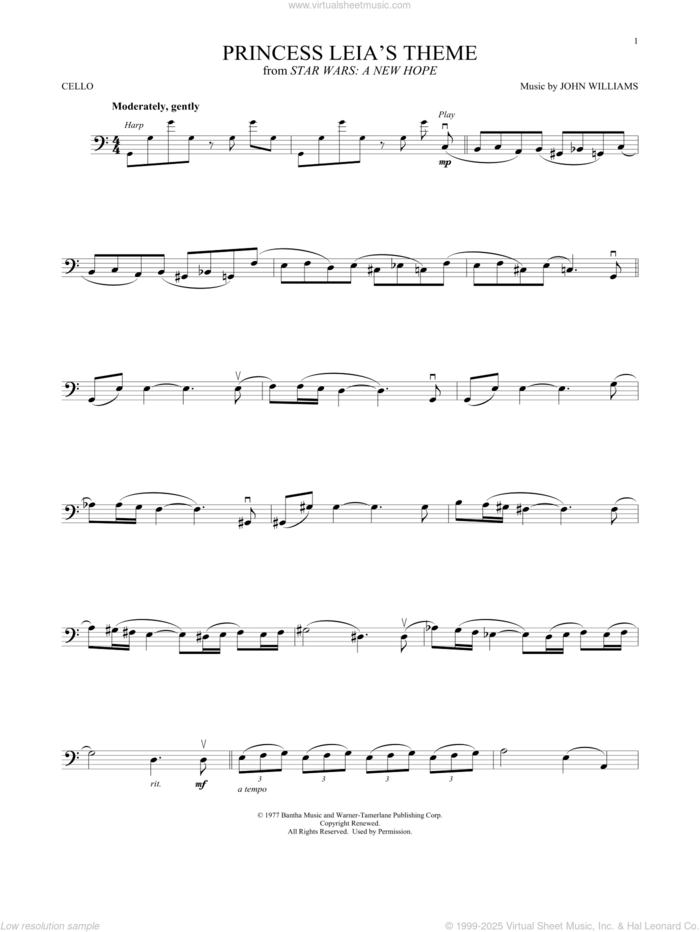 Princess Leia's Theme (from Star Wars: A New Hope) sheet music for cello solo by John Williams, intermediate skill level