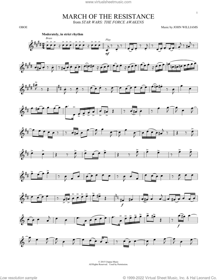 March Of The Resistance (from Star Wars: The Force Awakens) sheet music for oboe solo by John Williams, intermediate skill level