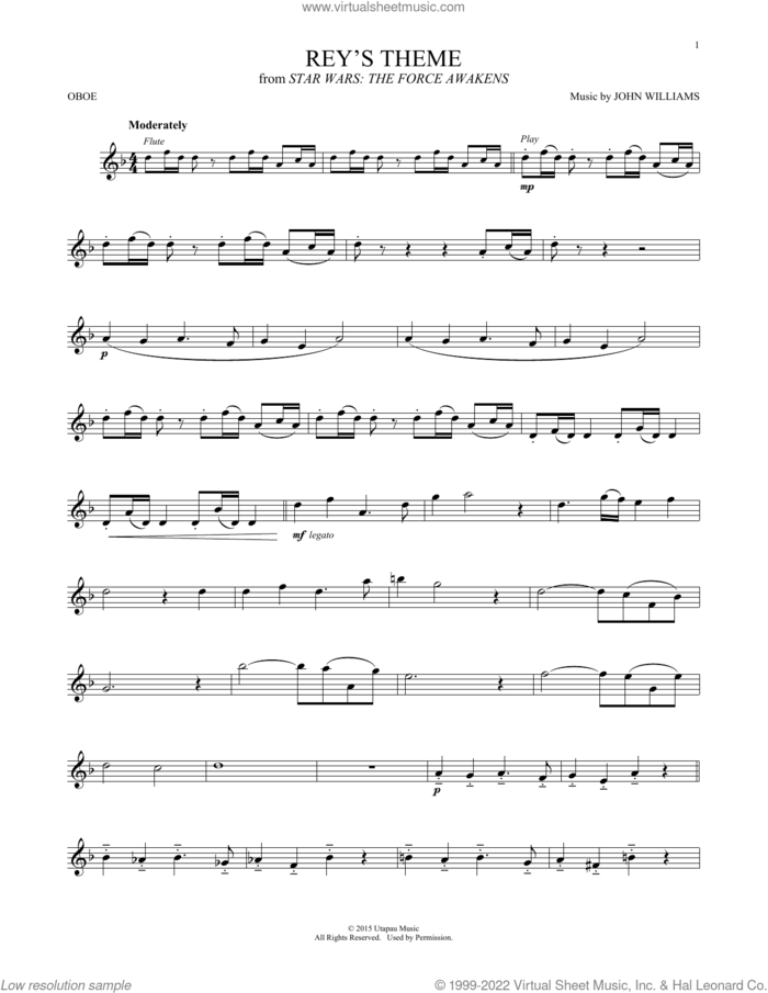 Rey's Theme (from Star Wars: The Force Awakens) sheet music for oboe solo by John Williams, intermediate skill level