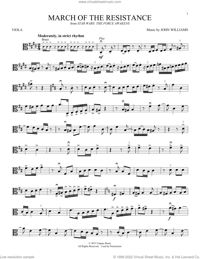 March Of The Resistance (from Star Wars: The Force Awakens) sheet music for viola solo by John Williams, intermediate skill level