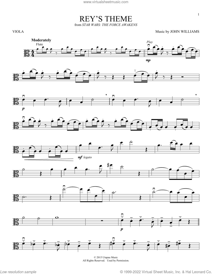 Rey's Theme (from Star Wars: The Force Awakens) sheet music for viola solo by John Williams, intermediate skill level