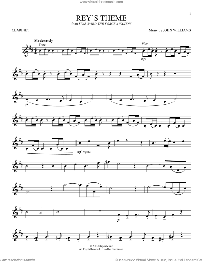 Rey's Theme (from Star Wars: The Force Awakens) sheet music for clarinet solo by John Williams, intermediate skill level