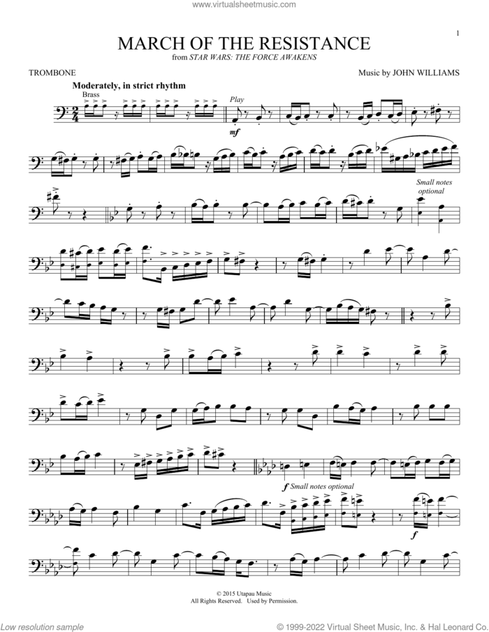 March Of The Resistance (from Star Wars: The Force Awakens) sheet music for trombone solo by John Williams, intermediate skill level