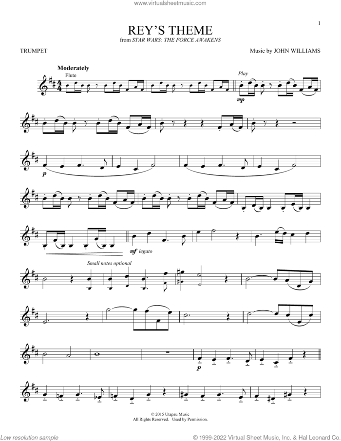Rey's Theme (from Star Wars: The Force Awakens) sheet music for trumpet solo by John Williams, intermediate skill level