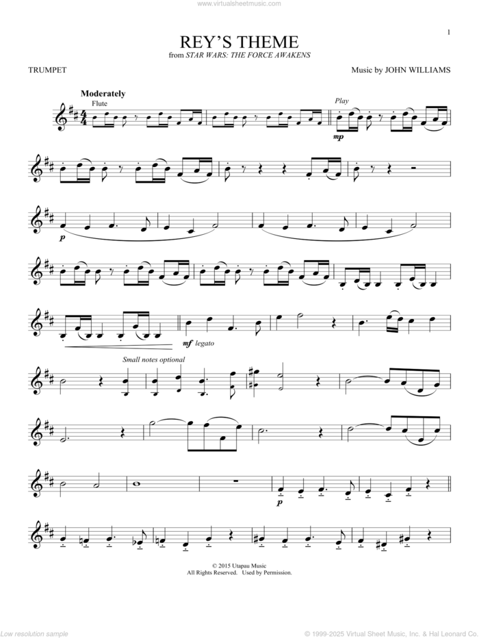 Rey's Theme (from Star Wars: The Force Awakens) sheet music for trumpet solo by John Williams, intermediate skill level