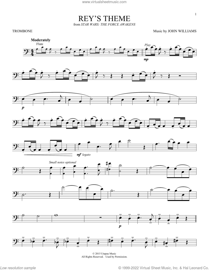 Rey's Theme (from Star Wars: The Force Awakens) sheet music for trombone solo by John Williams, intermediate skill level