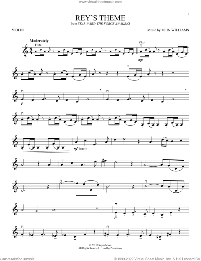 Rey's Theme (from Star Wars: The Force Awakens) sheet music for violin solo by John Williams, intermediate skill level