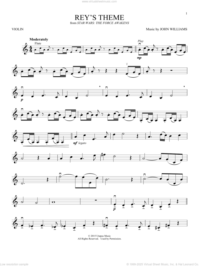 Rey's Theme (from Star Wars: The Force Awakens) sheet music for violin solo by John Williams, intermediate skill level