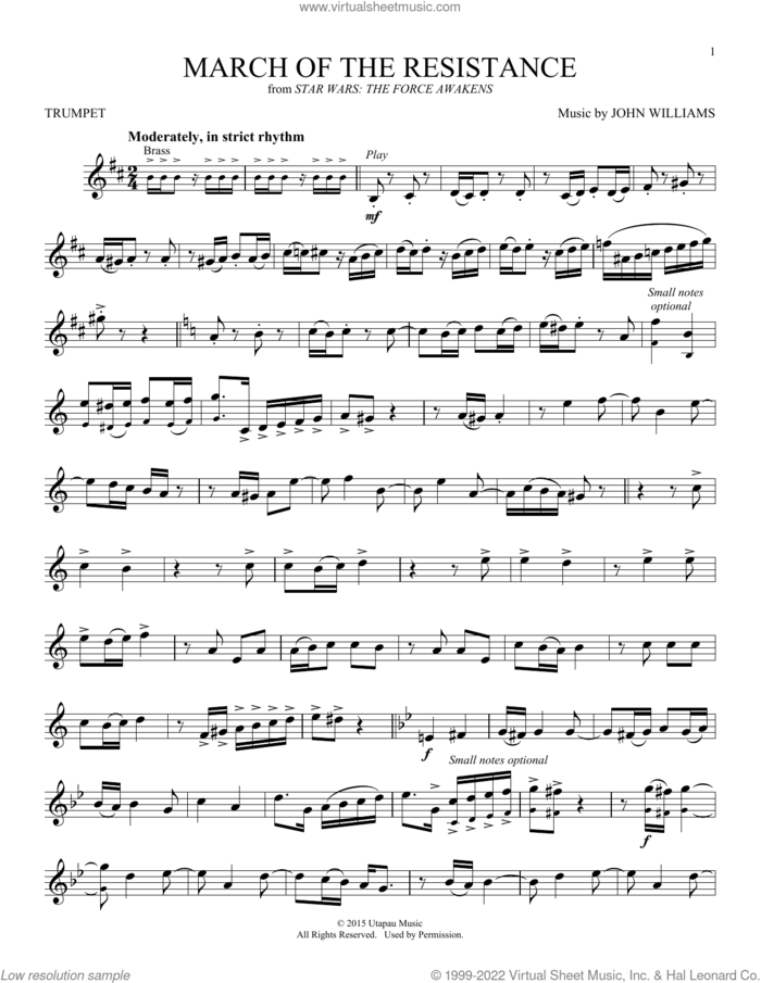 March Of The Resistance (from Star Wars: The Force Awakens) sheet music for trumpet solo by John Williams, intermediate skill level