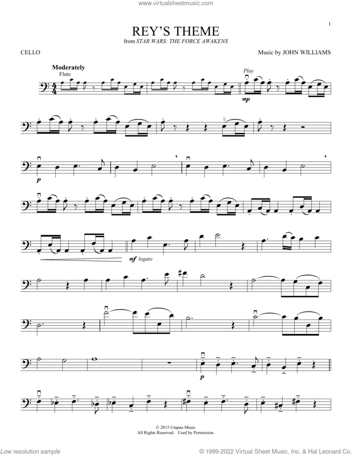 Rey's Theme (from Star Wars: The Force Awakens) sheet music for cello solo by John Williams, intermediate skill level