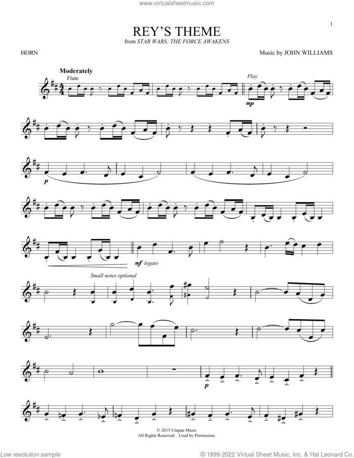 Rey's Theme (from Star Wars: The Force Awakens) sheet music for horn solo by John Williams, intermediate skill level