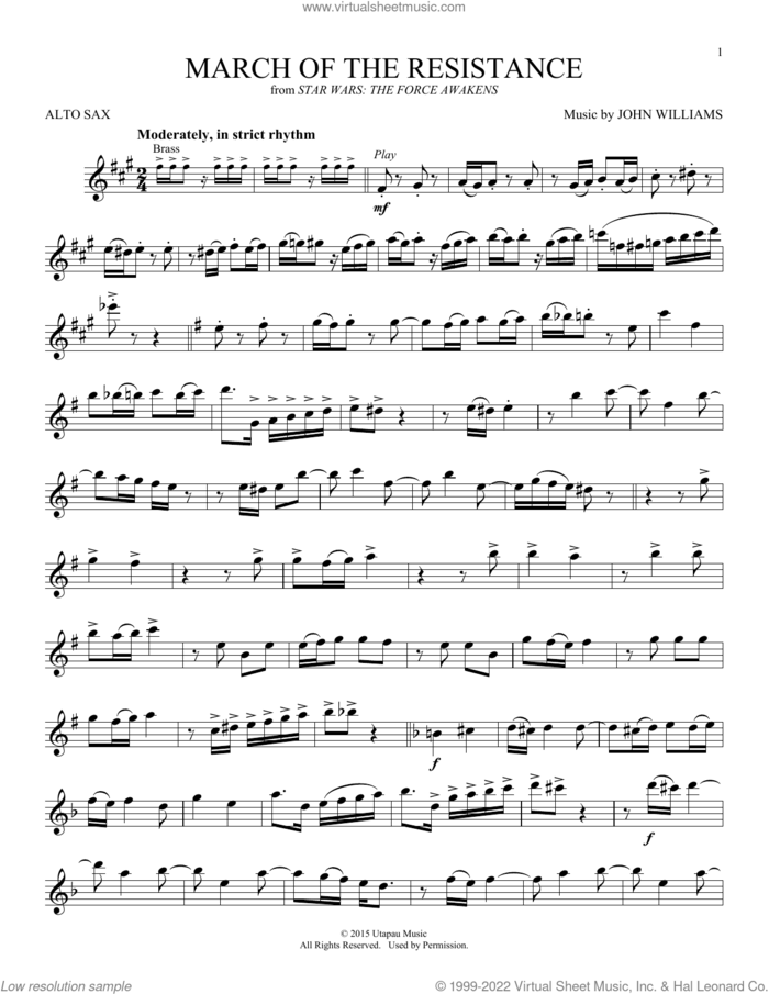 March Of The Resistance (from Star Wars: The Force Awakens) sheet music for alto saxophone solo by John Williams, intermediate skill level