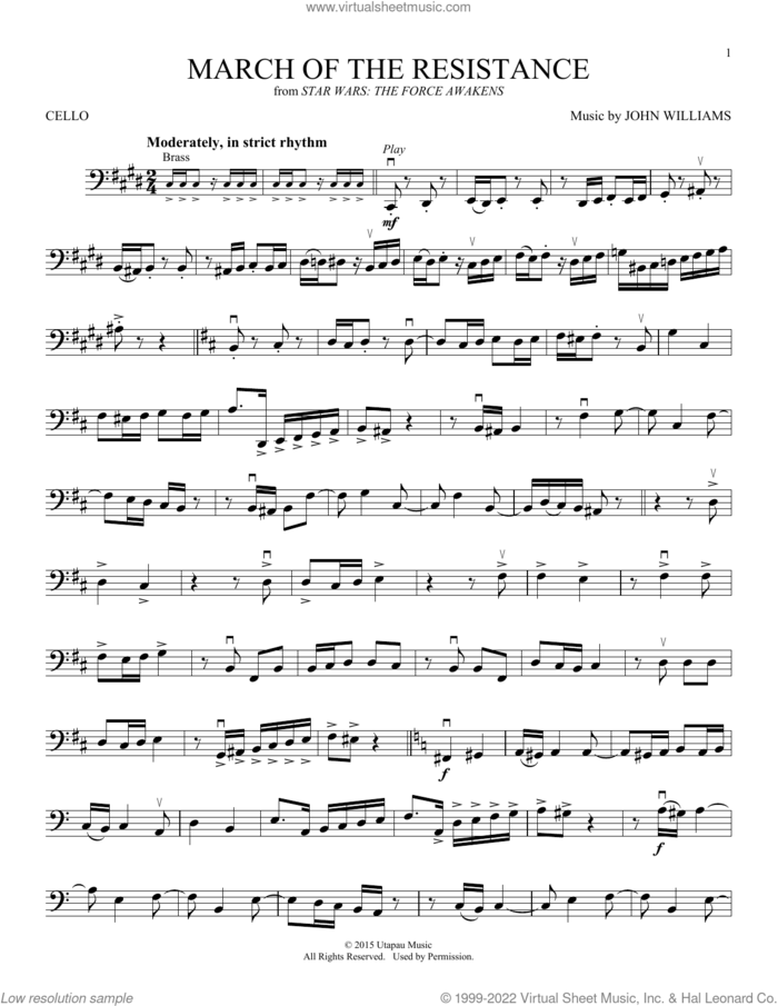 March Of The Resistance (from Star Wars: The Force Awakens) sheet music for cello solo by John Williams, intermediate skill level